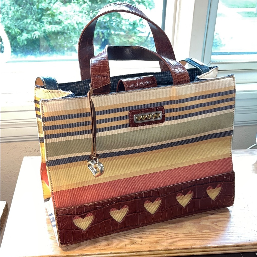 Brighton Striped Multicolor Top Handle Tote Bag w/ Brown Croc Heart‎ Cut Outs